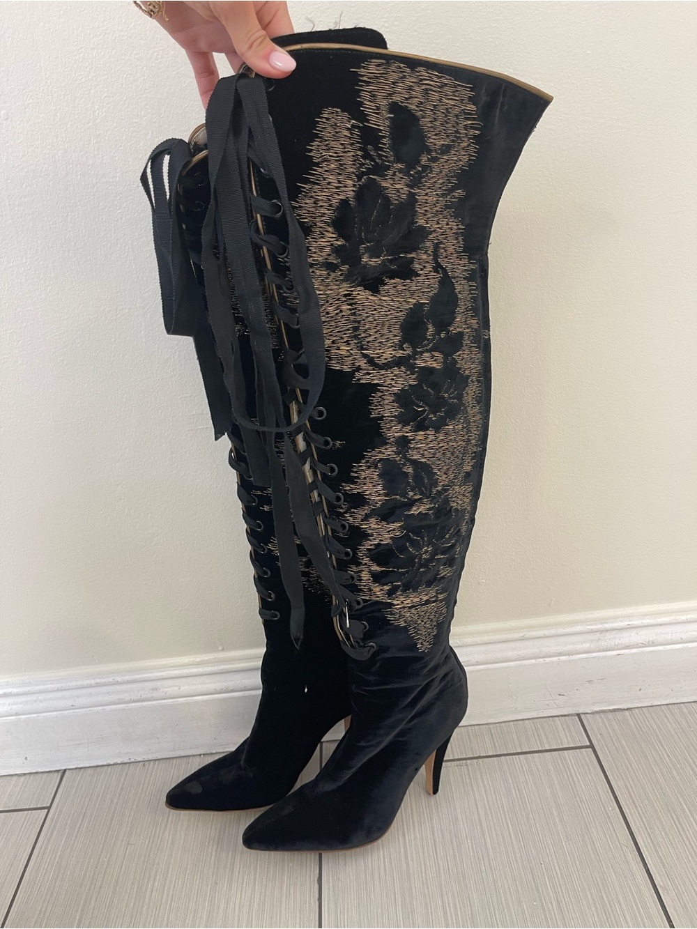 Vero Cuoio Black Velvet Over-the-Knee Lace-Up Boots with Gold Embroidery